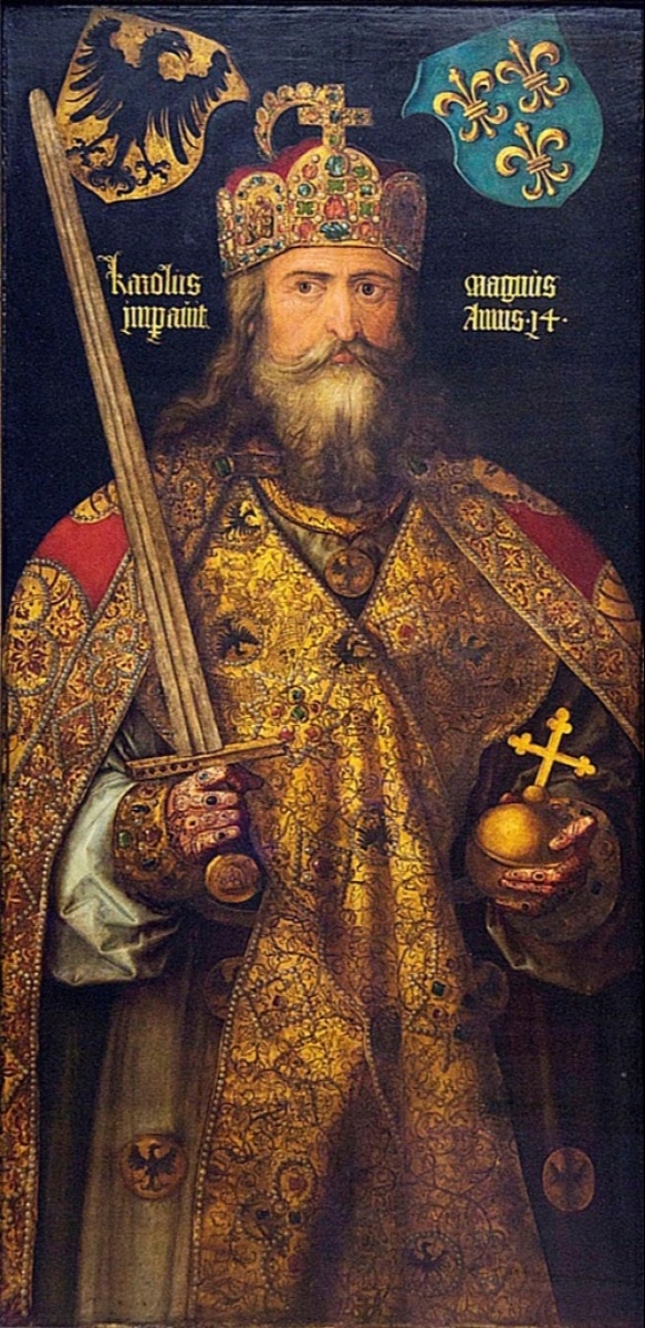 Portrait imaginaire de Charlemagne, par Albrecht Dürer. Le manteau et les blasons au-dessus de sa tête montrent l'aigle allemand et le lys français.